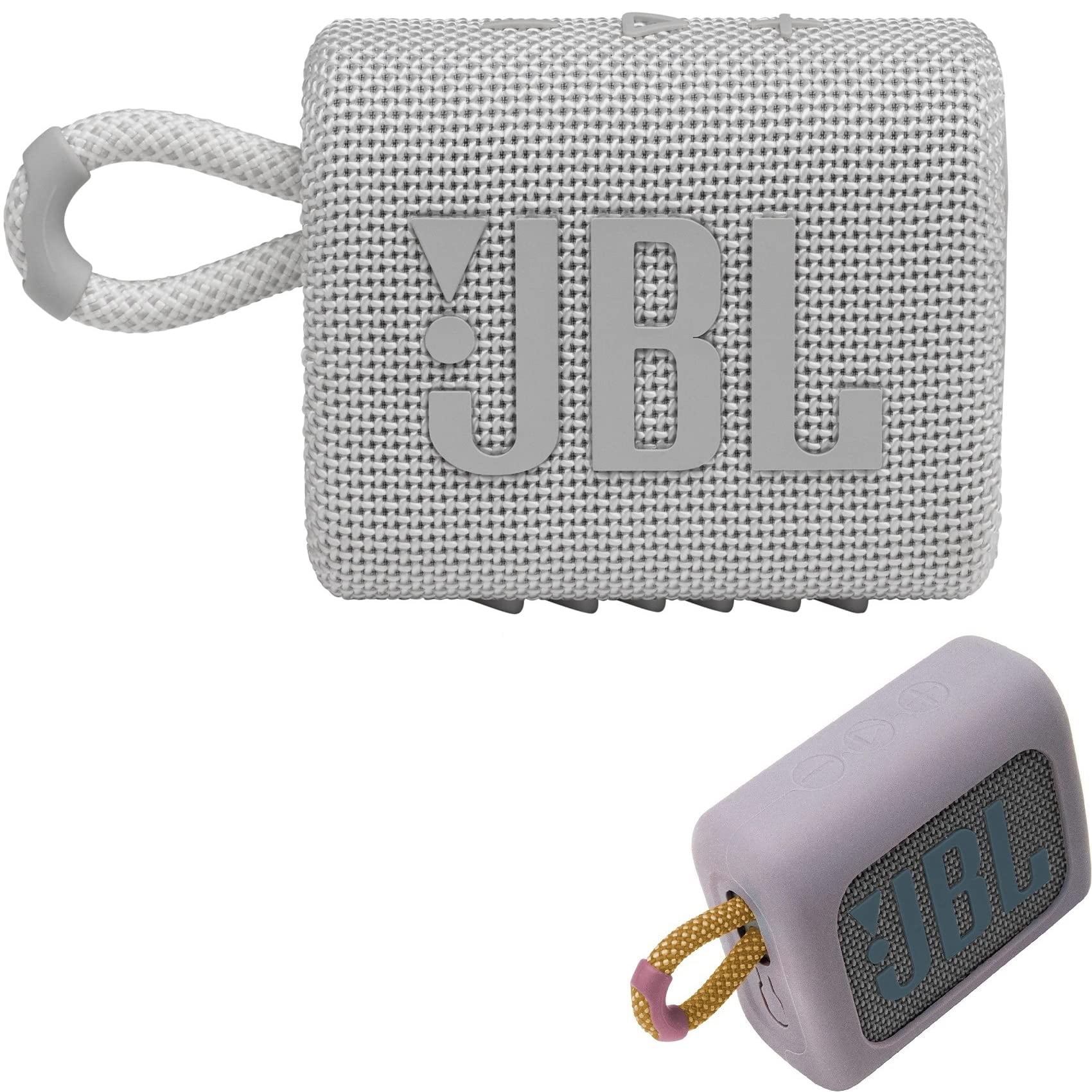 JBL GO3 Waterproof Wireless Bluetooth Speaker Bundle with Protective Silicone Carrying Sleeve (White - Gray Sleeve)